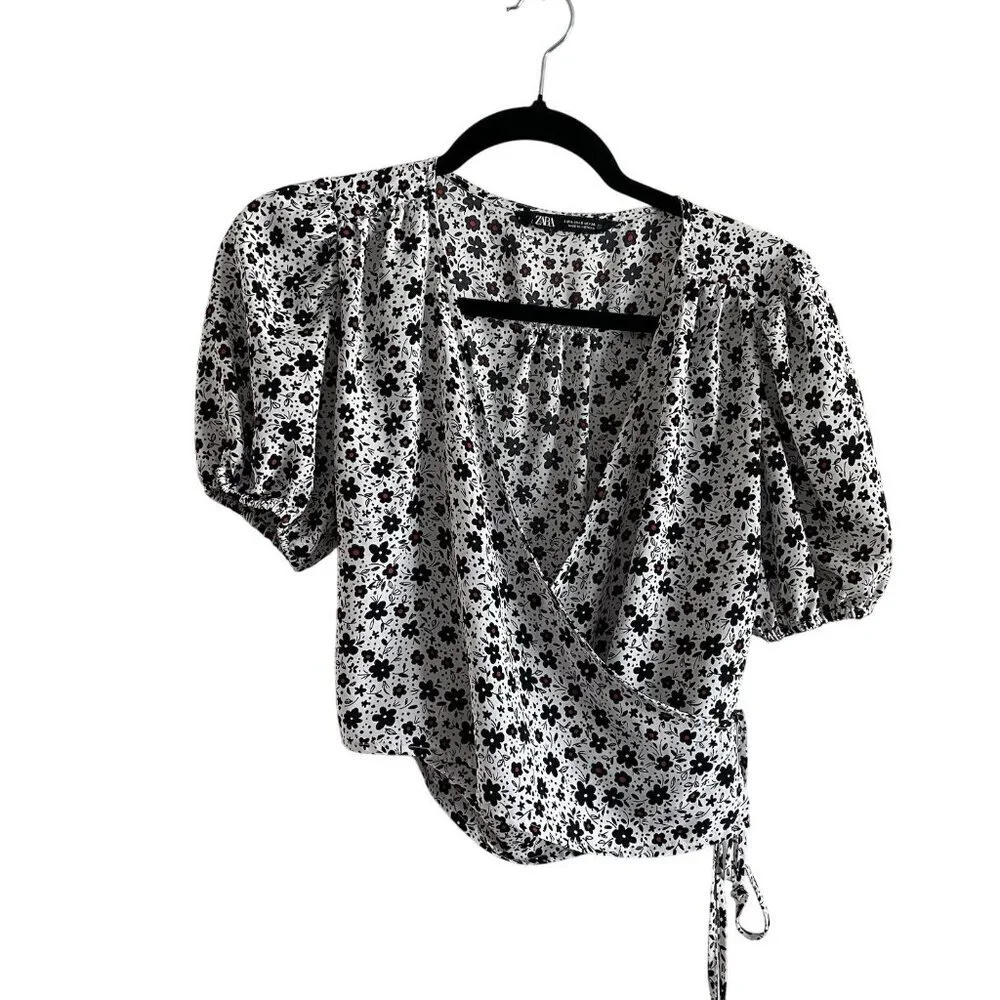 Zara Women S White Ditsy Floral Boho Lightweight Puff Sleeves V-Neck Wrap Blouse